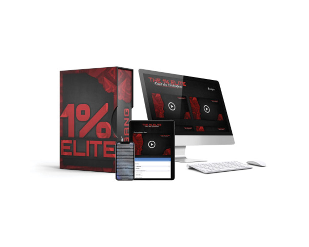 1% Elite digitales Kursprogramm – Produktbild mit Boxdesign und Zugriff auf PC, Tablet und Smartphone